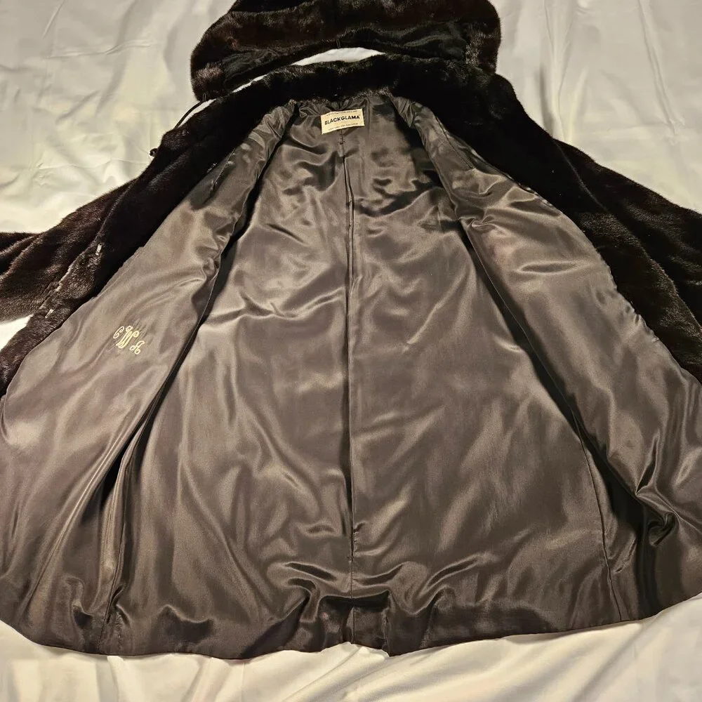 BLACKGLAMA Dark Ranch Mink Fur Coat‎ - Size 12 - Perfect Condition with Hood
